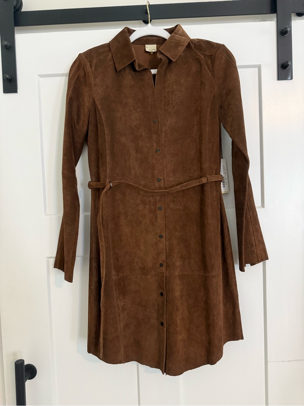 Ecru Suede Button-Front Brown Long Jacket with Belt NWT 1400 - Picture 1 of 11